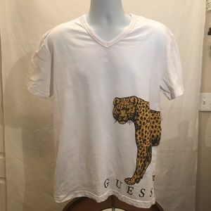 Guess Jeans Tiger White V Neck Shirt Size XL